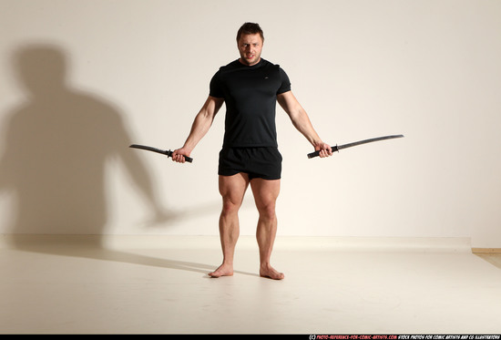 Man Adult Muscular White Fighting with sword Moving poses Sportswear