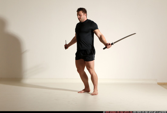 Man Adult Muscular White Fighting with sword Moving poses Sportswear