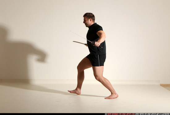 Man Adult Muscular White Fighting with sword Moving poses Sportswear