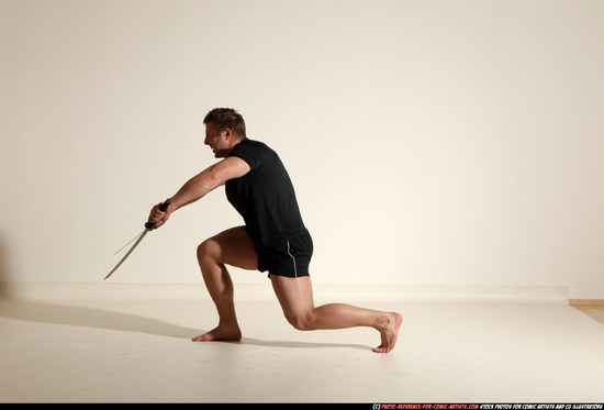 Man Adult Muscular White Fighting with sword Moving poses Sportswear