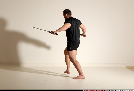 Man Adult Muscular White Fighting with sword Moving poses Sportswear