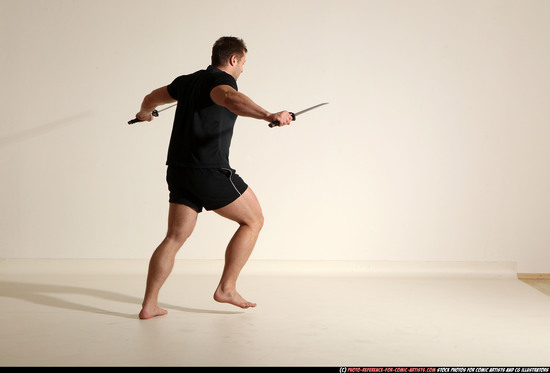 Man Adult Muscular White Fighting with sword Moving poses Sportswear