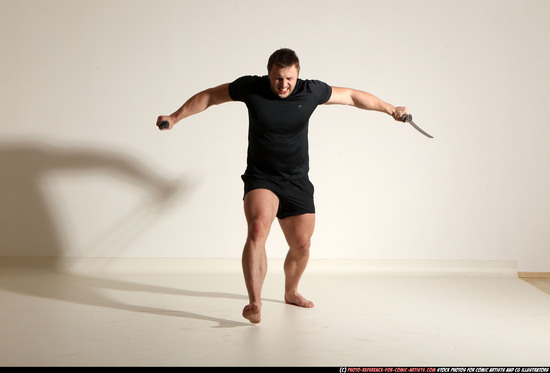 Man Adult Muscular White Fighting with sword Moving poses Sportswear