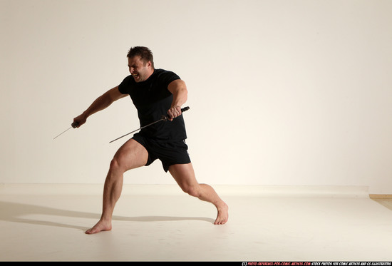 Man Adult Muscular White Fighting with sword Moving poses Sportswear