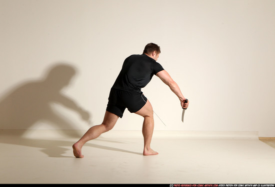 Man Adult Muscular White Fighting with sword Moving poses Sportswear