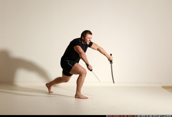 Man Adult Muscular White Fighting with sword Moving poses Sportswear