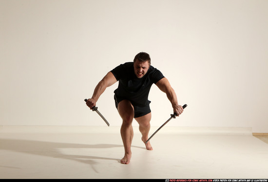 Man Adult Muscular White Fighting with sword Moving poses Sportswear