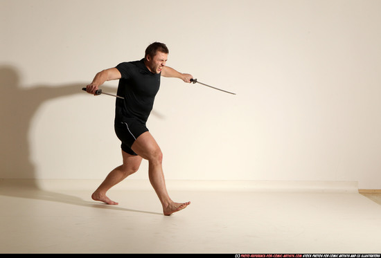 Man Adult Muscular White Fighting with sword Moving poses Sportswear