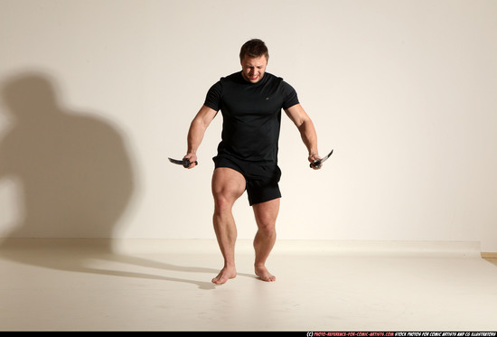 Man Adult Muscular White Fighting with sword Moving poses Sportswear