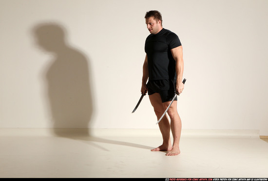 Man Adult Muscular White Fighting with sword Moving poses Sportswear