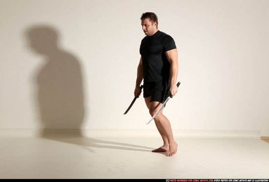 Man Adult Muscular White Fighting with sword Moving poses Sportswear