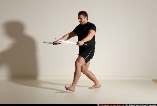 Man Adult Muscular White Fighting with sword Moving poses Sportswear