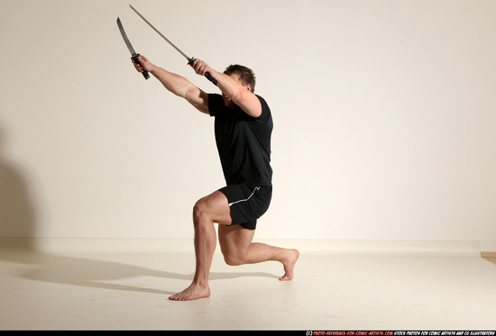 Man Adult Muscular White Fighting with sword Moving poses Sportswear