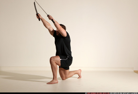 Man Adult Muscular White Fighting with sword Moving poses Sportswear