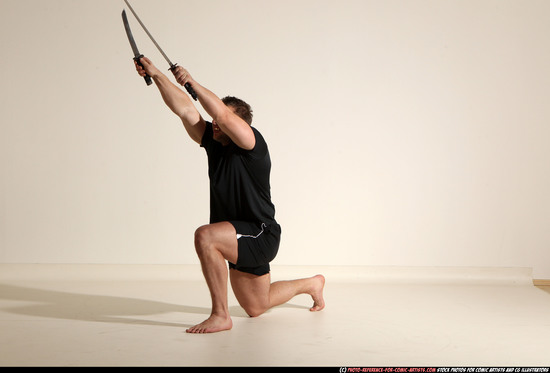 Man Adult Muscular White Fighting with sword Moving poses Sportswear