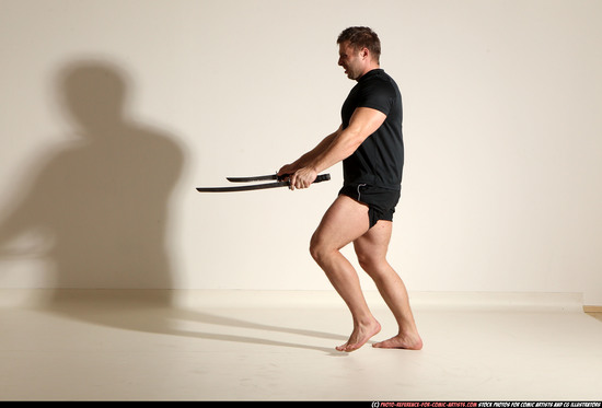 Man Adult Muscular White Fighting with sword Moving poses Sportswear