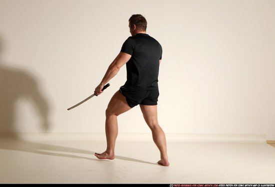 Man Adult Muscular White Fighting with sword Moving poses Sportswear