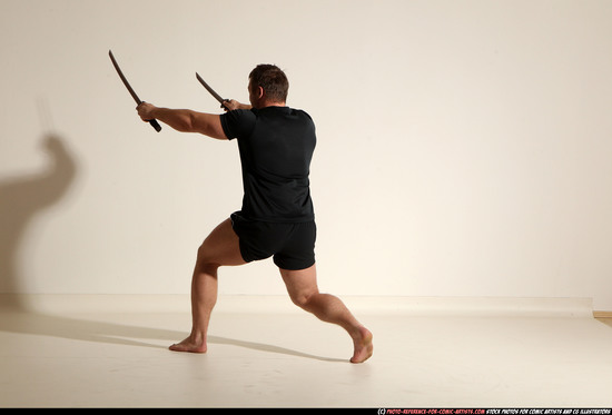 Man Adult Muscular White Fighting with sword Moving poses Sportswear