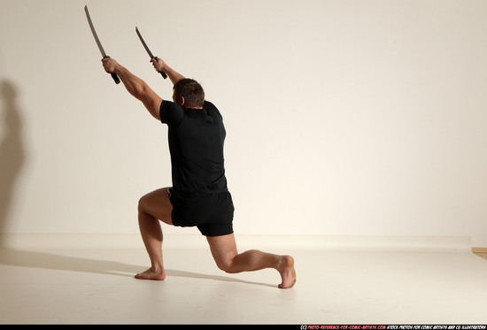 Man Adult Muscular White Fighting with sword Moving poses Sportswear