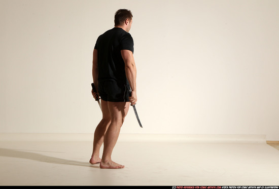 Man Adult Muscular White Fighting with sword Moving poses Sportswear