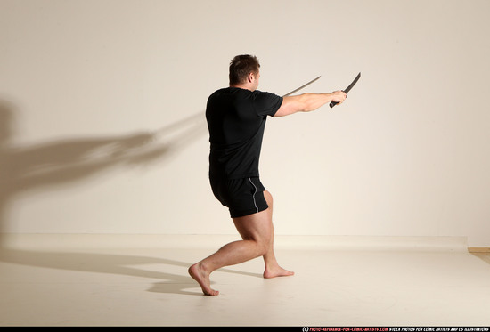 Man Adult Muscular White Fighting with sword Moving poses Sportswear