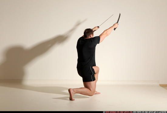 Man Adult Muscular White Fighting with sword Moving poses Sportswear