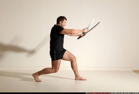 Man Adult Muscular White Fighting with sword Moving poses Sportswear