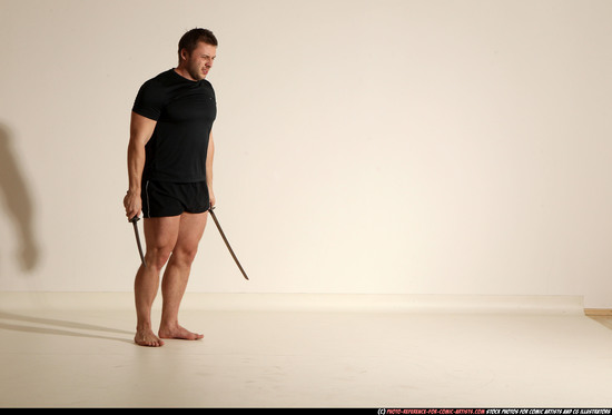 Man Adult Muscular White Fighting with sword Moving poses Sportswear