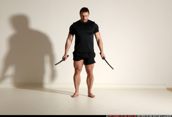 Man Adult Muscular White Fighting with sword Moving poses Sportswear