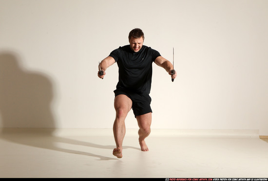 Man Adult Muscular White Fighting with sword Moving poses Sportswear