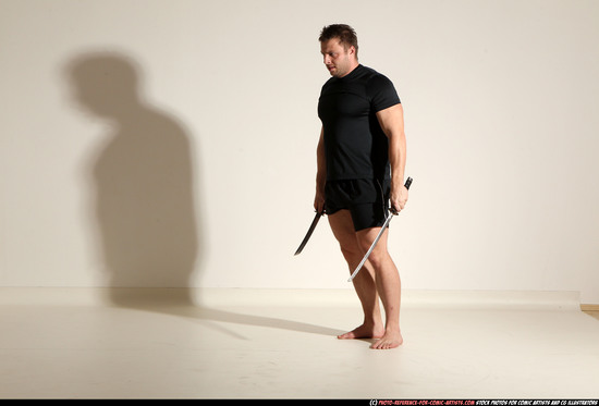 Man Adult Muscular White Fighting with sword Moving poses Sportswear