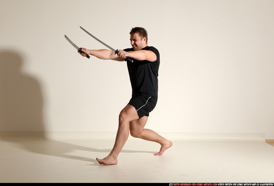 Man Adult Muscular White Fighting with sword Moving poses Sportswear