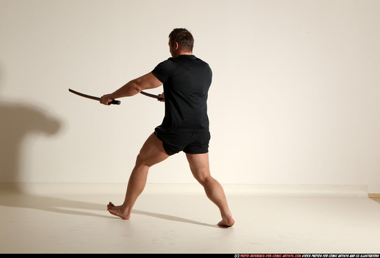 Man Adult Muscular White Fighting with sword Moving poses Sportswear