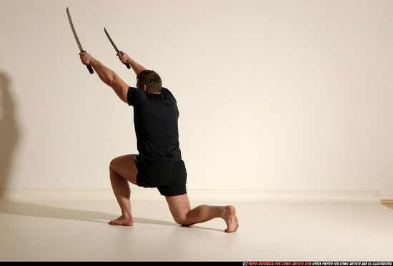 Man Adult Muscular White Fighting with sword Moving poses Sportswear