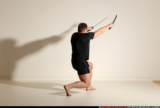 Man Adult Muscular White Fighting with sword Moving poses Sportswear