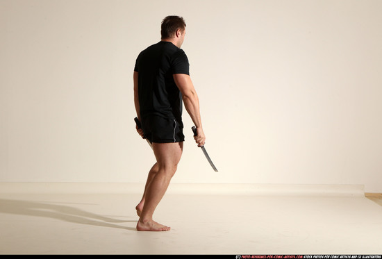 Man Adult Muscular White Fighting with sword Moving poses Sportswear