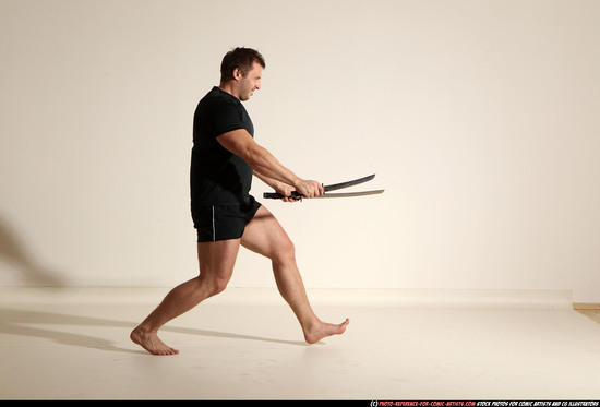 Man Adult Muscular White Fighting with sword Moving poses Sportswear