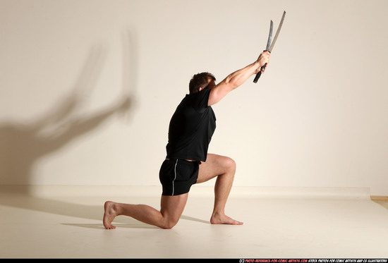 Man Adult Muscular White Fighting with sword Moving poses Sportswear