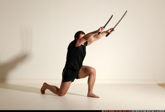 Man Adult Muscular White Fighting with sword Moving poses Sportswear