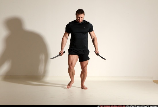 Man Adult Muscular White Fighting with sword Moving poses Sportswear