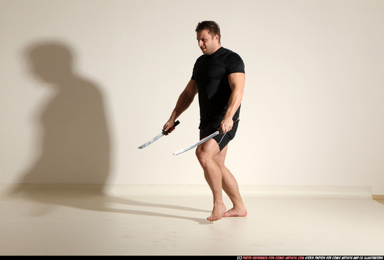 Man Adult Muscular White Fighting with sword Moving poses Sportswear