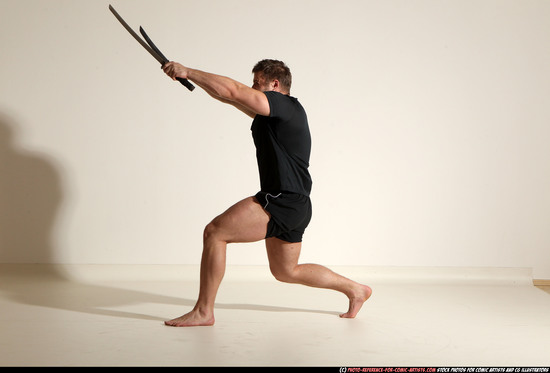 Man Adult Muscular White Fighting with sword Moving poses Sportswear