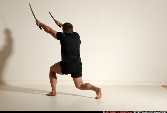 Man Adult Muscular White Fighting with sword Moving poses Sportswear