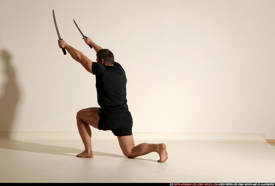 Man Adult Muscular White Fighting with sword Moving poses Sportswear