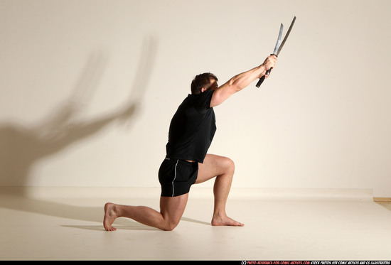 Man Adult Muscular White Fighting with sword Moving poses Sportswear