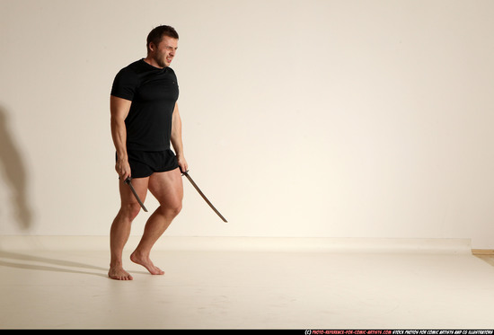 Man Adult Muscular White Fighting with sword Moving poses Sportswear