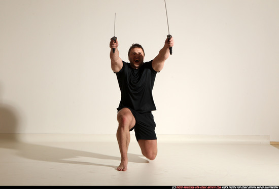 Man Adult Muscular White Fighting with sword Moving poses Sportswear