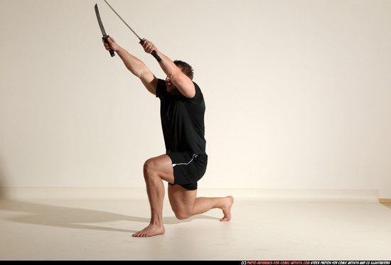 Man Adult Muscular White Fighting with sword Moving poses Sportswear