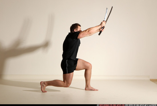 Man Adult Muscular White Fighting with sword Moving poses Sportswear