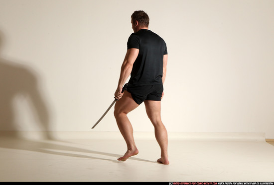 Man Adult Muscular White Fighting with sword Moving poses Sportswear